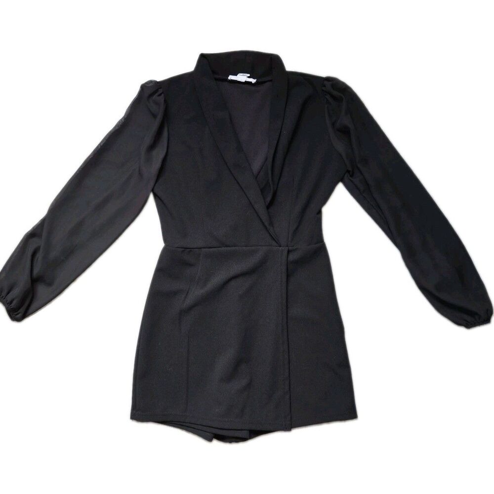 Birch and Stone Black Wrap Front Sheer Puff Sleeve Side Zip Romper Size M EUC